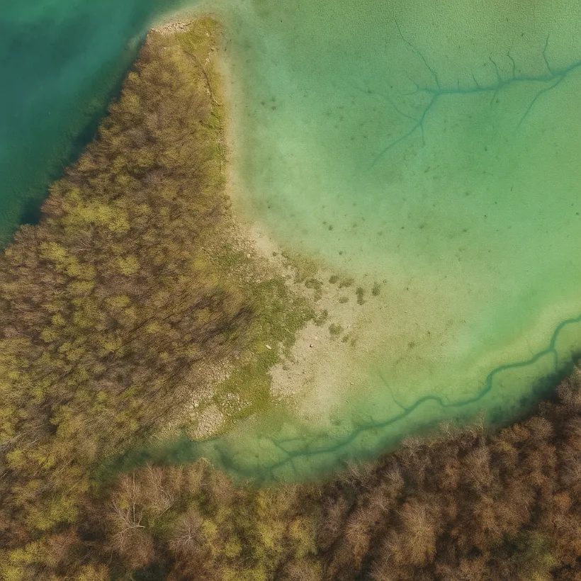 Overhead view of a coastline including trees, shrubs, and grass.
