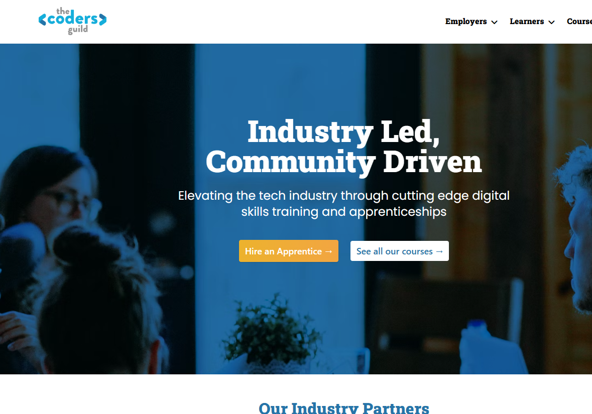 The Coders Guild image showing their website with their tagline, Industry Led, Community Driven